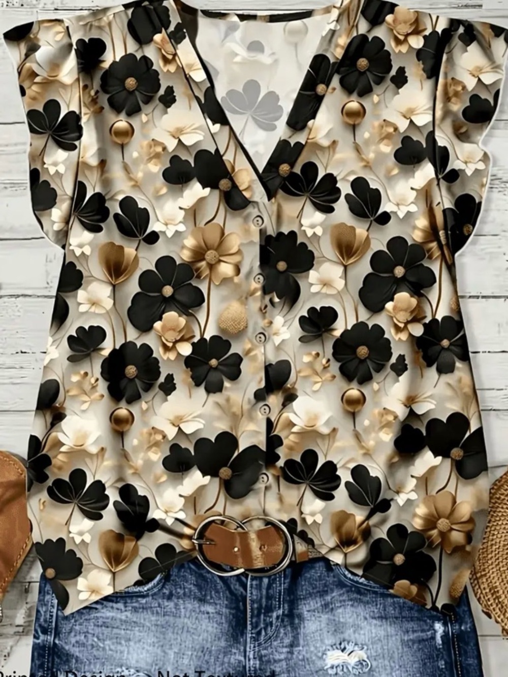 Button-Front Floral V-Neck Blouse - Black & Gold